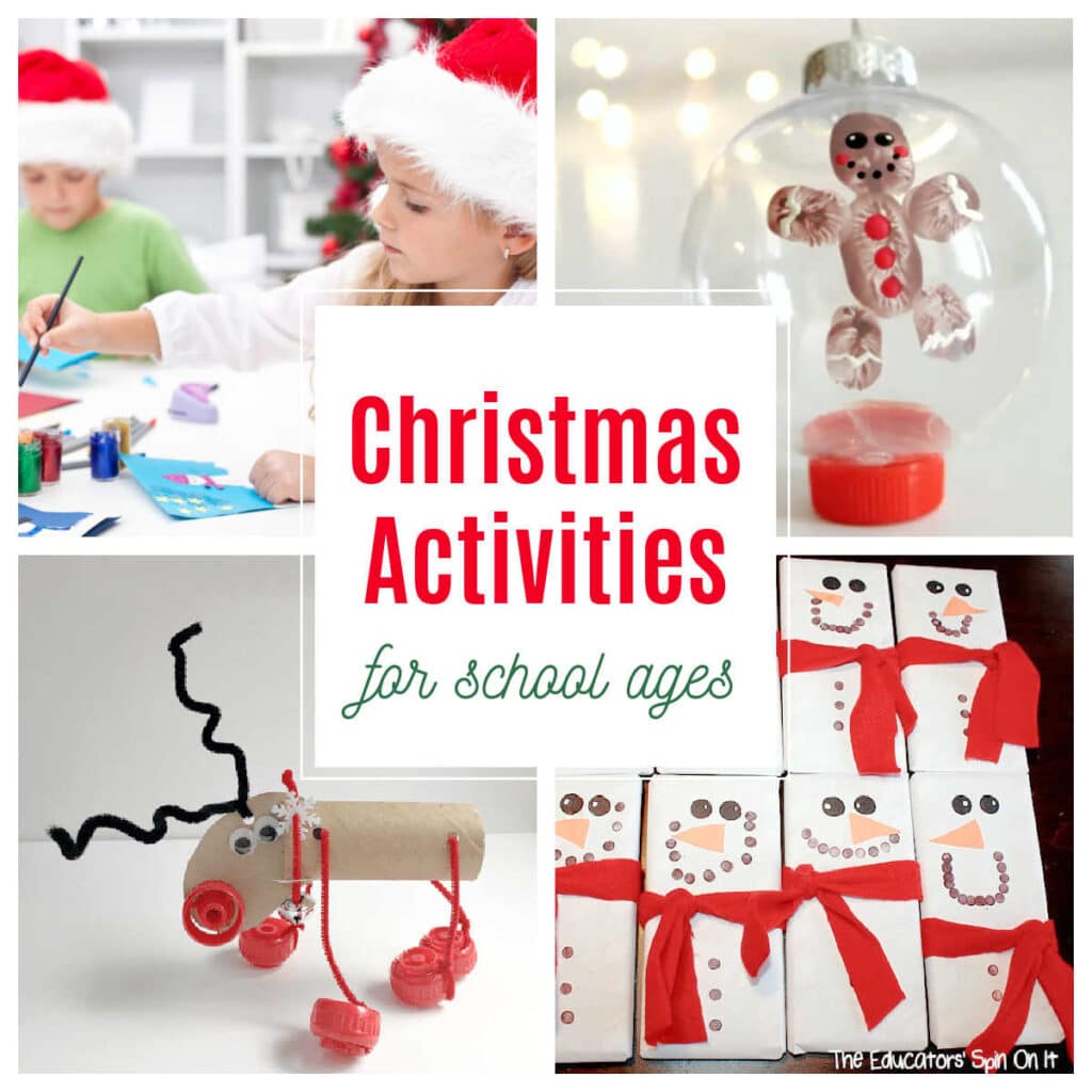 50-adorable-christmas-activities-for-school-ages - The Educators' Spin On It adorable christmas activities for school kids to create for the holidays for loved ones including gingerbread fingerprint ornament, snowman candy wrappers and reindeer STEm Challenge