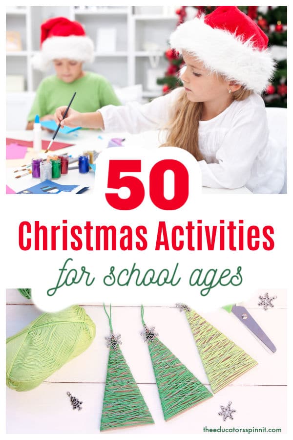 50-christmas-activities-for-school-ages - The Educators' Spin On It school children in santa hats working on christmas activities and crafts
