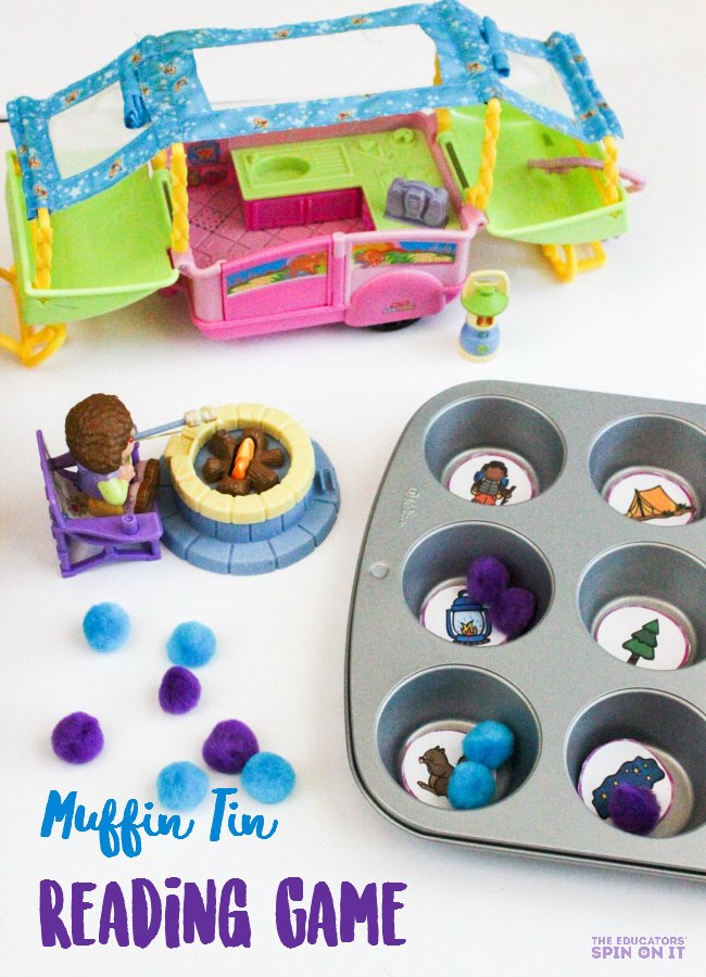 75 Muffin Tin Camping Theme Reading Game-3 - The Educators' Spin On It Muffin Tin Camping Theme Reading Game, a fun way to practice syllable counting and begining sounds. Great for preschool and kindergarten literacy centers