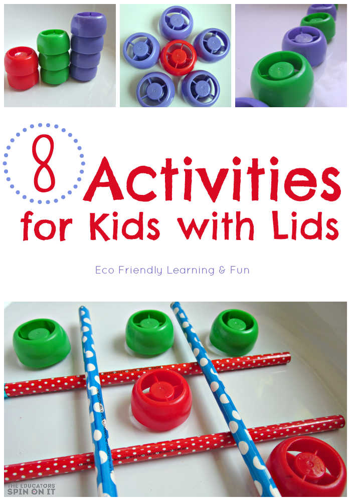 8-activities-with-lids - The Educators' Spin On It Various colors of lids to create fun and easy games with lids for kids