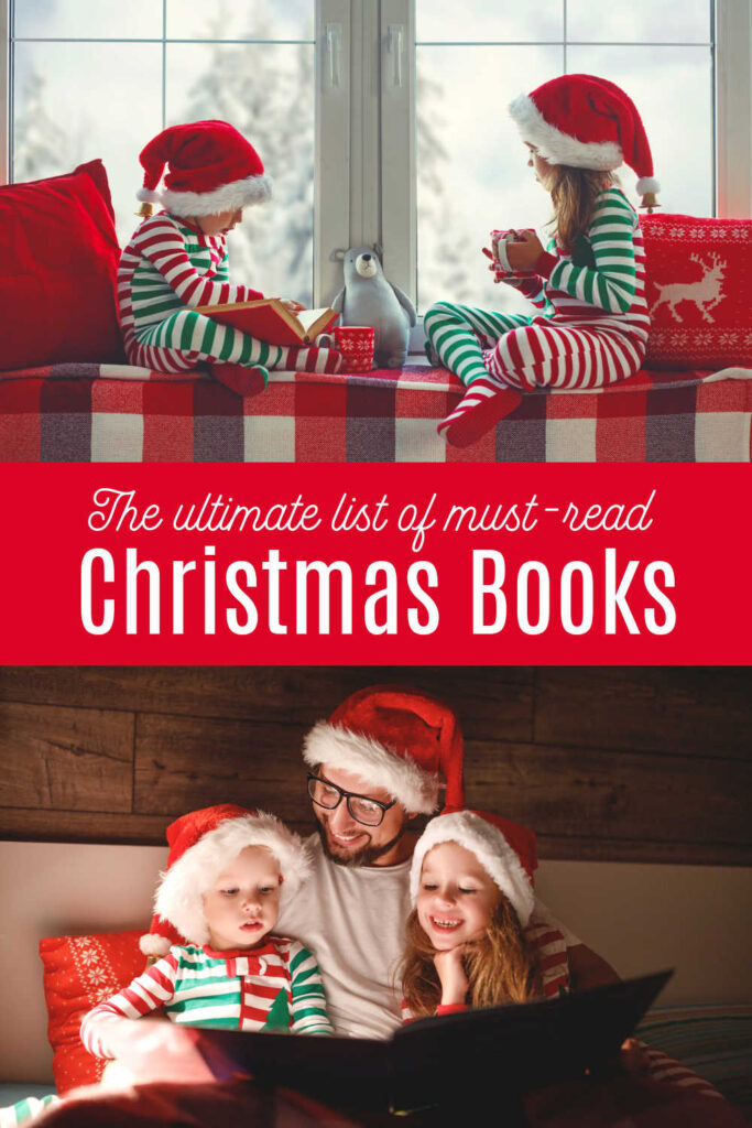 book-list-of-must-read-christmas-books-for-kids - The Educators' Spin On It Children reading christmas books in santa hats with Dad.