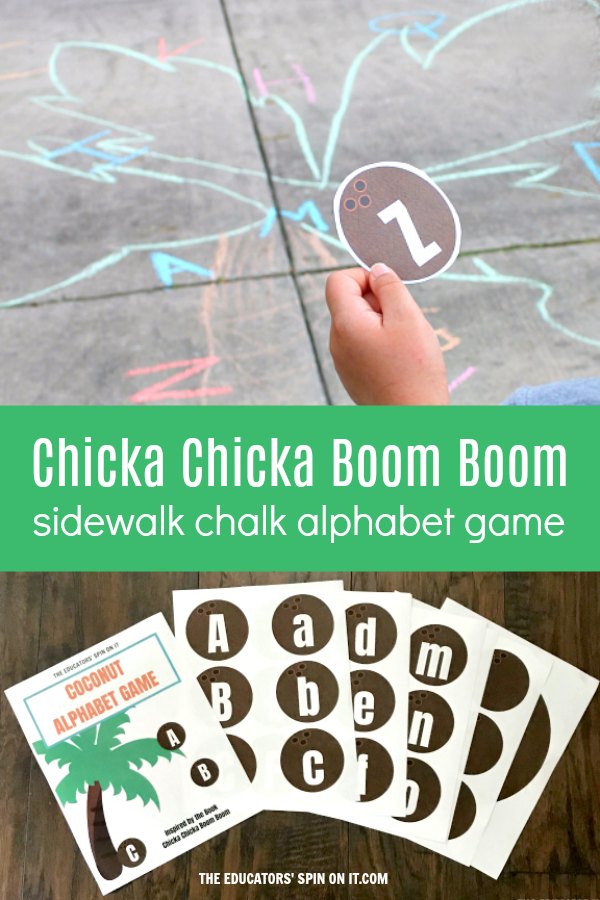 chicka-chicka-boom-boom-sidewalk-chalk-alphabet-game - The Educators' Spin On It Sidewalk Chalk drawing of coconut tree with letters on it inspired by the book Chicka chicka Boom Boom