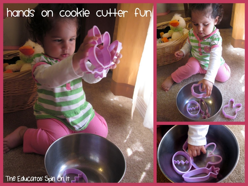 cookie+cutter+fun.jpg - The Educators' Spin On It toddler playing with easter themed cookie cutters in metal bowl