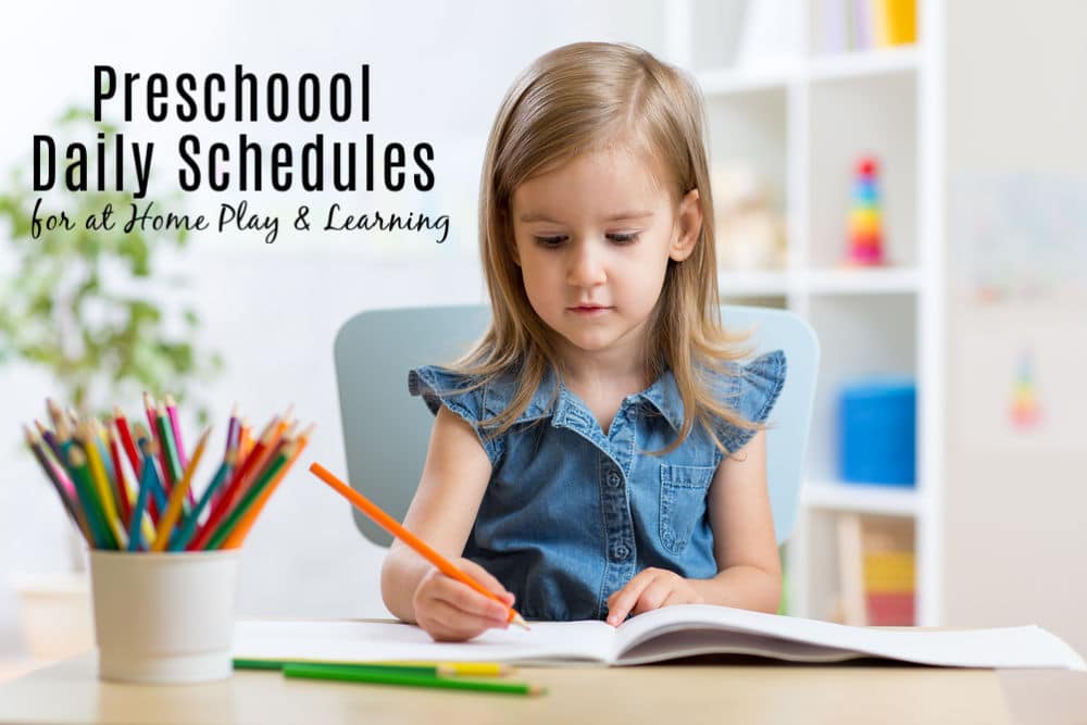 daily-preschool-schedule-ideas-1 - The Educators' Spin On It Preschool Daily Schedule ideas showing a child sitting at table working with preschool toys in background