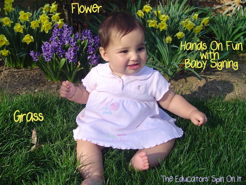 DSC05529blog.jpg - The Educators' Spin On It baby sitting in grass exploring spring with green grass and yellow and purple flowers
