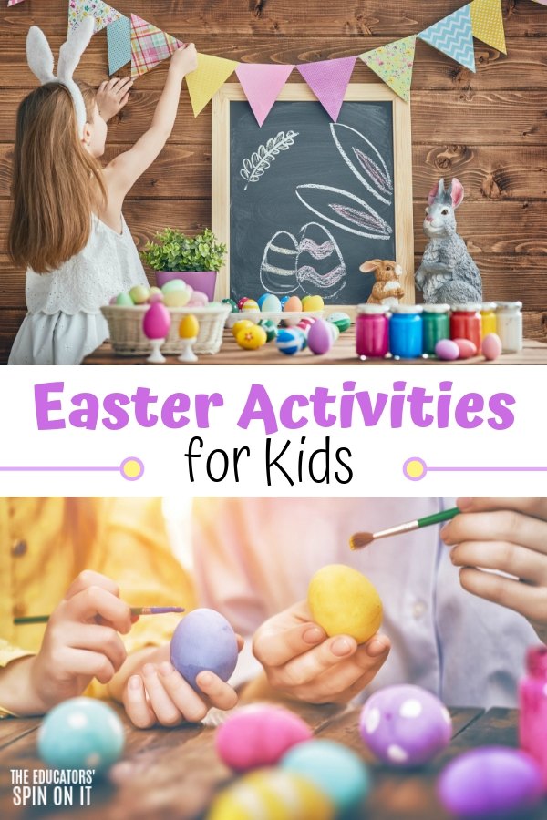 easter-activities-for-kids - The Educators' Spin On It Child decorating for Easter with Bunting and Colorful Eggs.
