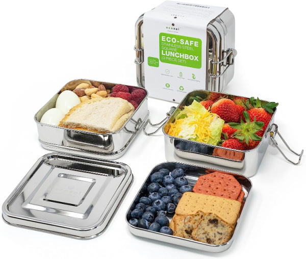 ecozoi Stainless Steel Lunch Box 3-in-1 Eco Friendly Stackable Bento Box - The Educators' Spin On It ecozoi Stainless Steel Lunch Box 3-in-1 Eco Friendly Stackable Bento Box