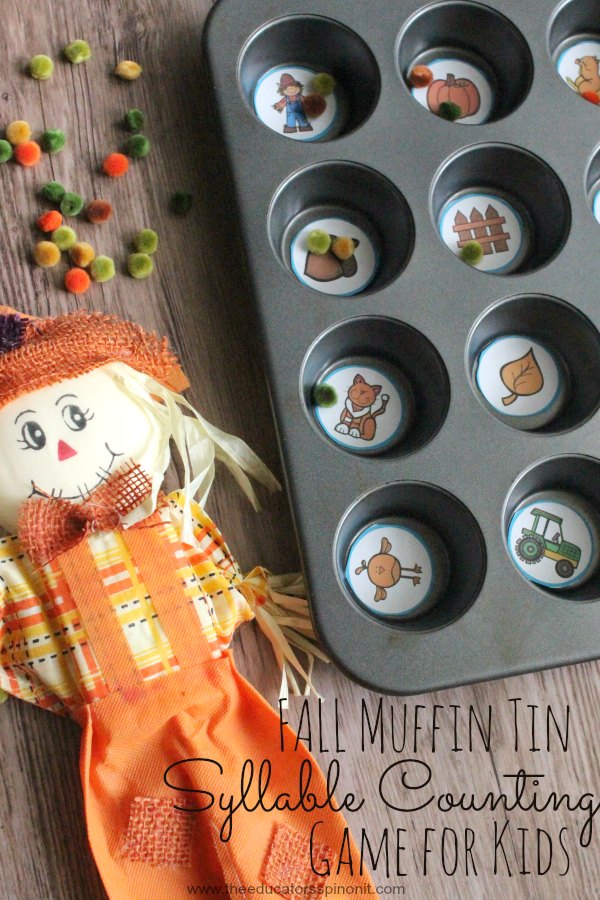 fall-muffin-tin-game-with-scarecrow - The Educators' Spin On It Fall Muffin Tin Syllable Counting Game for Kids to Make and Play. Learning objective: fine motor strengthening and syllable segmentation.