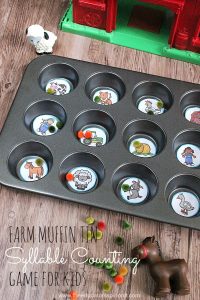 farm-muffin-tin-syllable-counting-game-for-kids - The Educators' Spin On It Farm Muffin Tin Syllable Counting Game for kids to make and play. Learning Objective, strengthening fine motor, syllable segmentation, and vocabulary development.