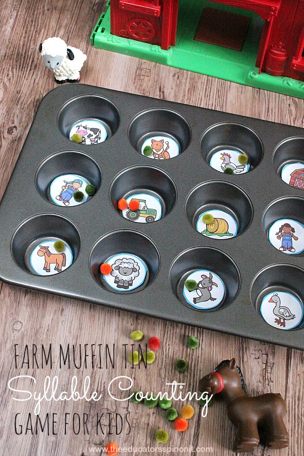 farm-muffin-tin-syllable-counting-game-for-kids - The Educators' Spin On It Farm Muffin Tin Syllable Counting Game for kids to make and play. Learning Objective, strengthening fine motor, syllable segmentation, and vocabulary development.