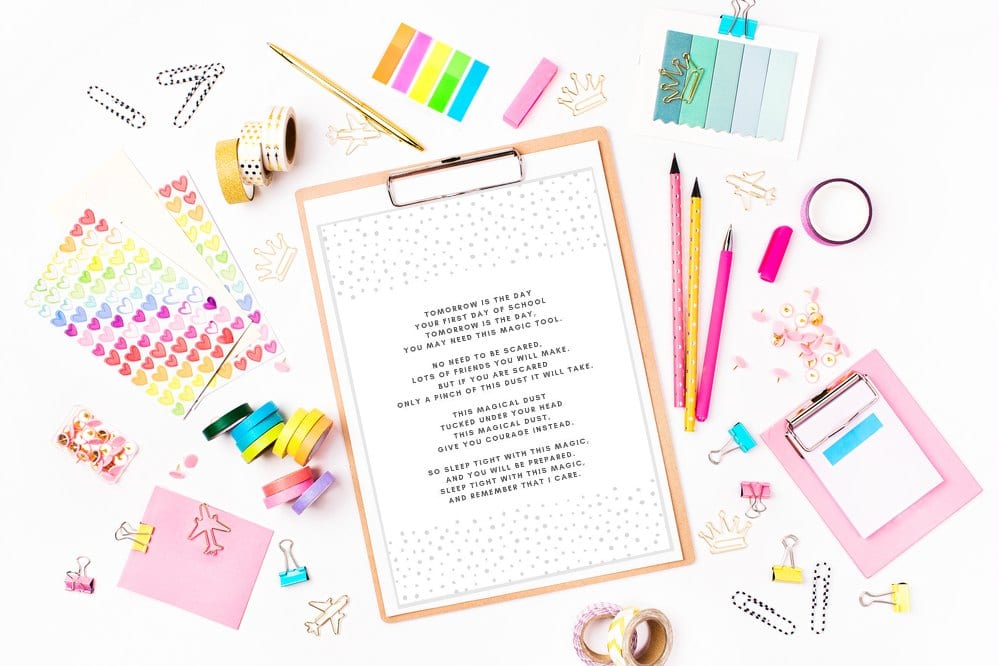 first-day-of-school-poem-magic-dust - The Educators' Spin On It First Day of School Poem with School Supplies surrounding it