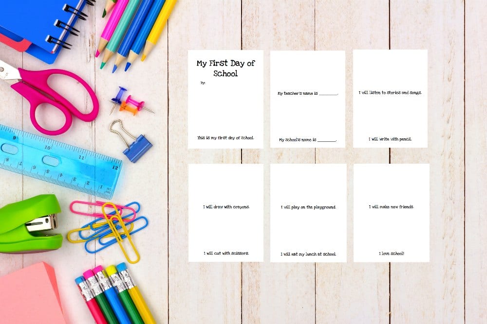 First Day of School Printable Book - The Educators' Spin On It School supplies side border on a white wood background with printable first day of school book