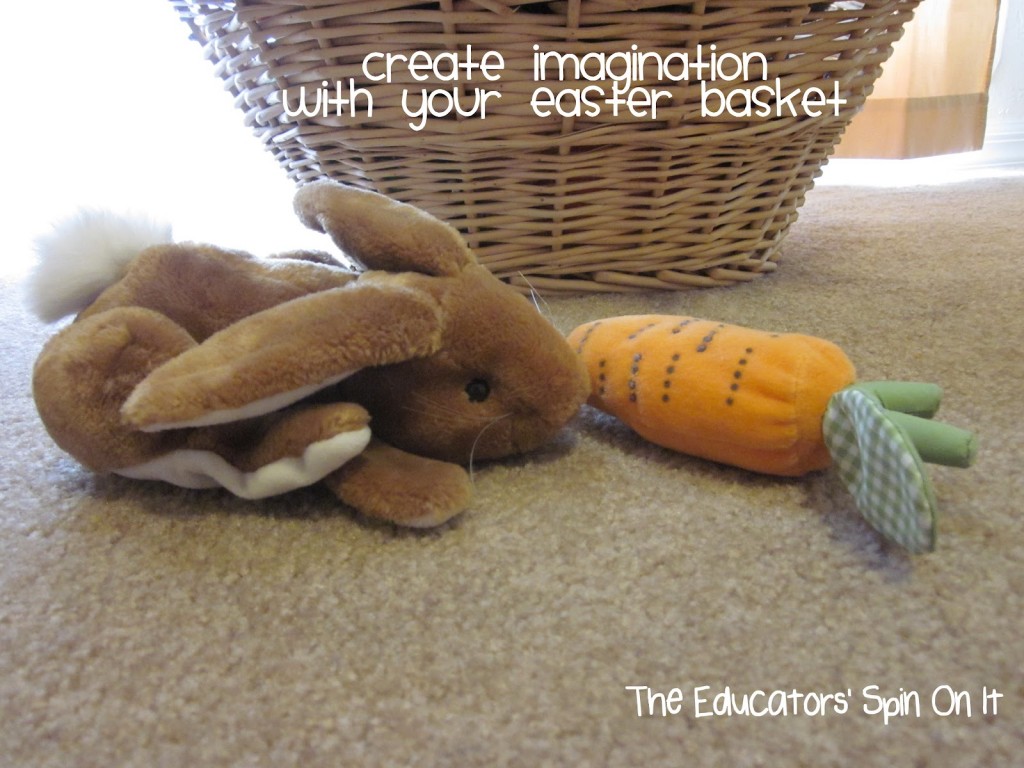 IMG_2953blog.jpg - The Educators' Spin On It bunny puppet eating pretend carrot, encouraging pretend play with easter basket for toddlers