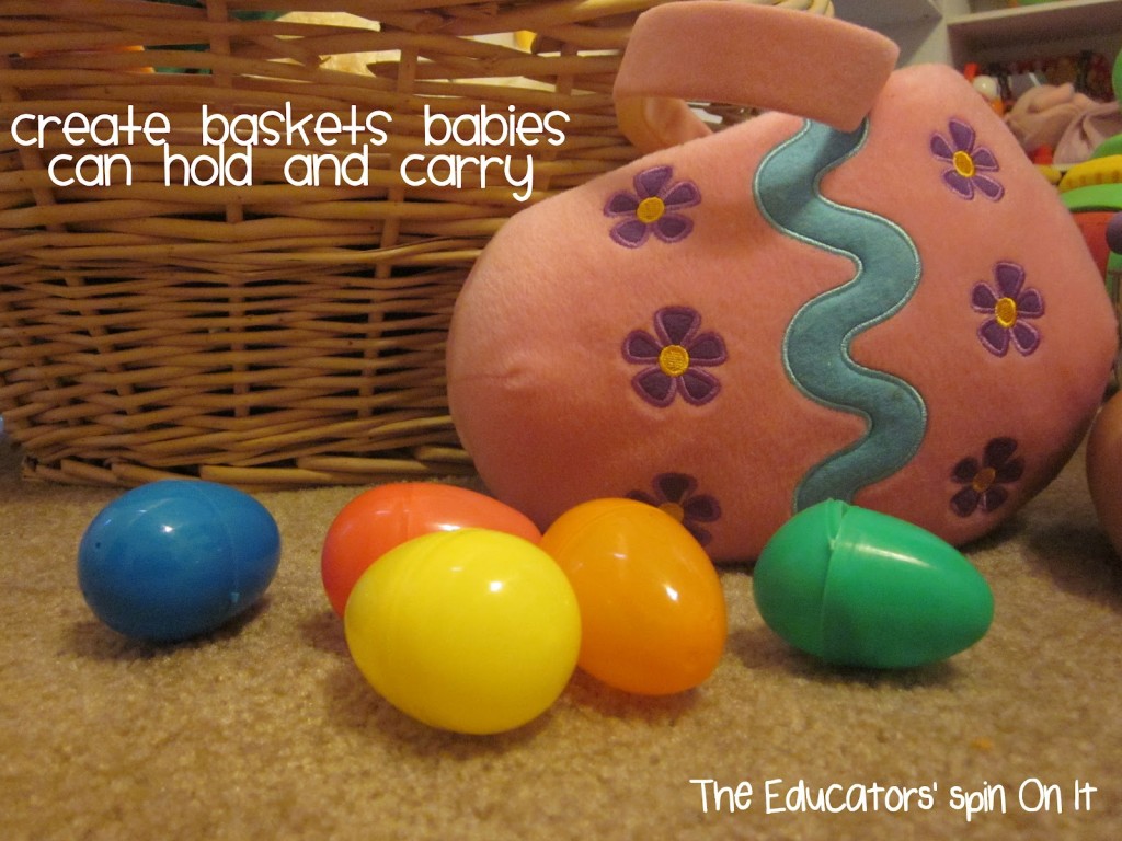 IMG_3085blog.jpg - The Educators' Spin On It Fabric egg shaped easter basket with plastic eggs for baby's first easter play
