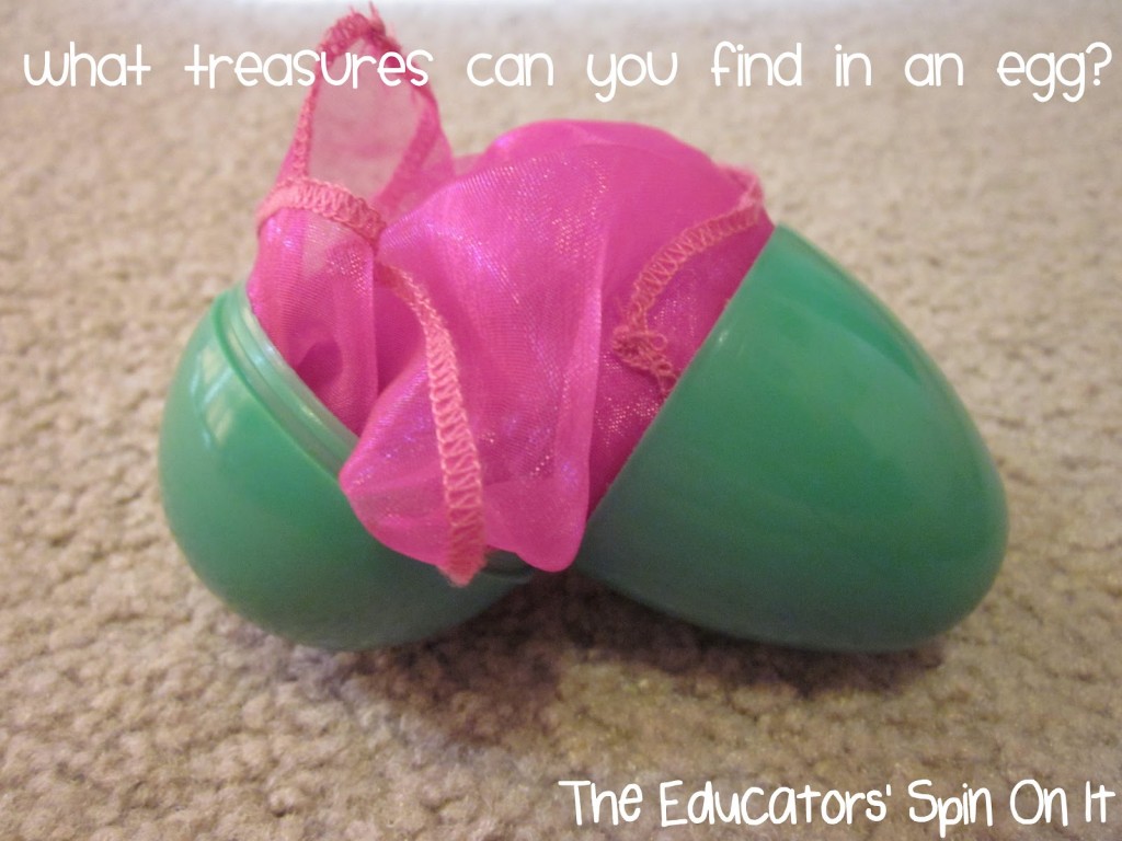 IMG_3161blog.jpg - The Educators' Spin On It Plaster Easter Egg with Scarf inside for baby's first Easter sensory play.
