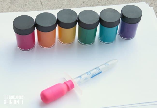 Ink Dropper Painting with Rainbow Colors - The Educators' Spin On It Rainbow Paint Jars with dropper and white paper