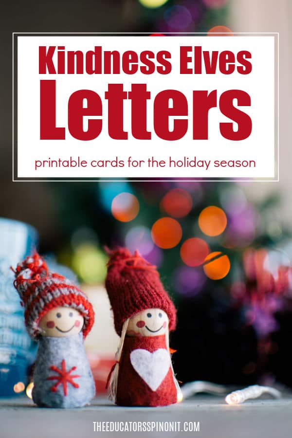 kindness-elves-letters-free-printable-cards-for-your-child - The Educators' Spin On It Kindness Elves in front of Christmas tree lit with lights sharing kindness elves letters for child