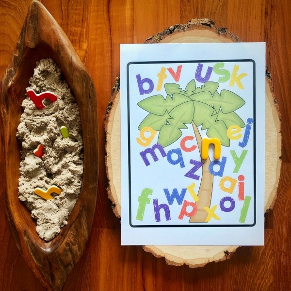 kinetic-sand-alphabet-activity-magnetic-letters - The Educators' Spin On It Printable with Coconut Tree and letters for child to place letters onto from bowl of letters