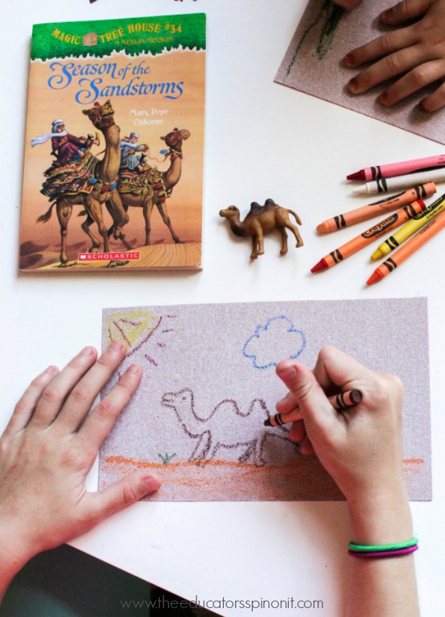 Magic Tree House Sand Paper Drawing Craft (1 of 1) - The Educators' Spin On It The Ultimate List of Magic Tree House Books and Accompanying Activity Ideas: Sandpaper Camel Drawings. ART + READING