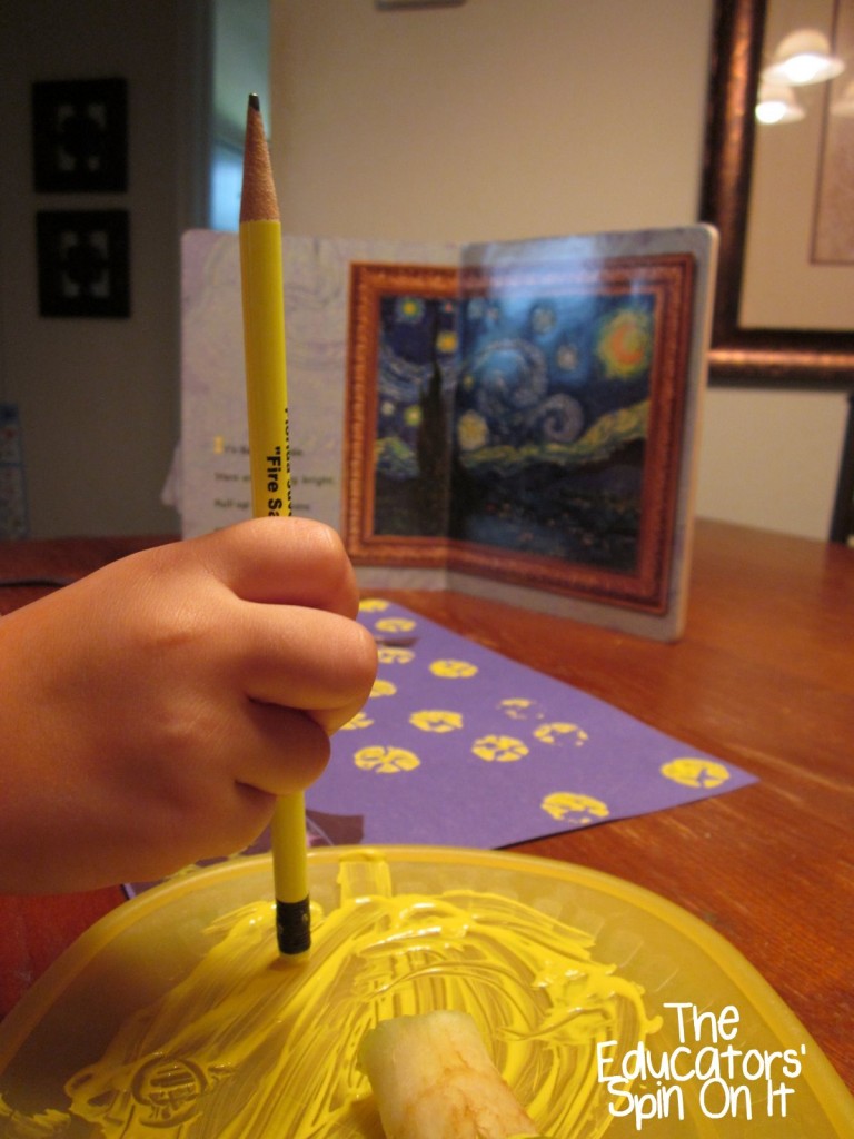 Making+windows+on+Starry+Night+Building.jpg - The Educators' Spin On It making stars with pencil eraser for Starry Night by Van Gogh