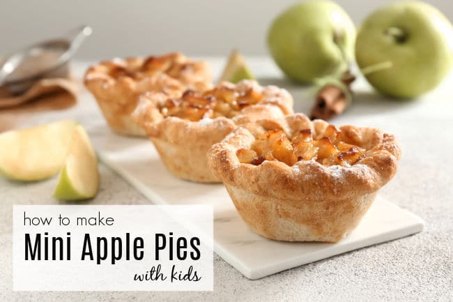 - The Educators' Spin On It Mini apple pies for kids to make with apples in background for learning how to cut safely.