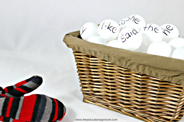 MItten and sight word snowballs in a basket