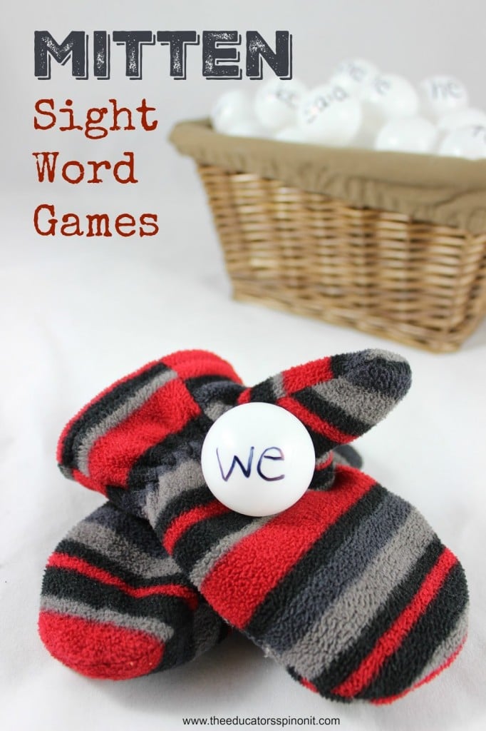 mitten%2Bthemed%2Bsight%2Bword%2Bgames.jpg - The Educators' Spin On It Sight word game using snowballs made from ping pong balls and mittens for kids
