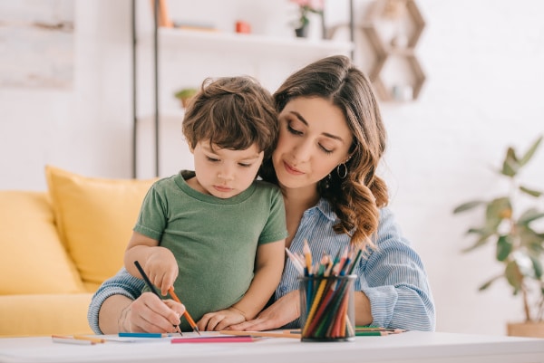 mom-coloring-with-son - The Educators' Spin On It work from home mom drawing with son