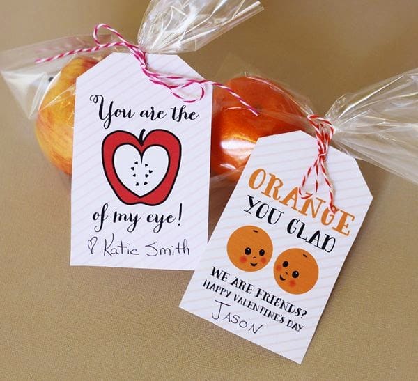 Fruit themed valentines with sayings "You are the apple of my eye" and "Orange you glad we are friends?"