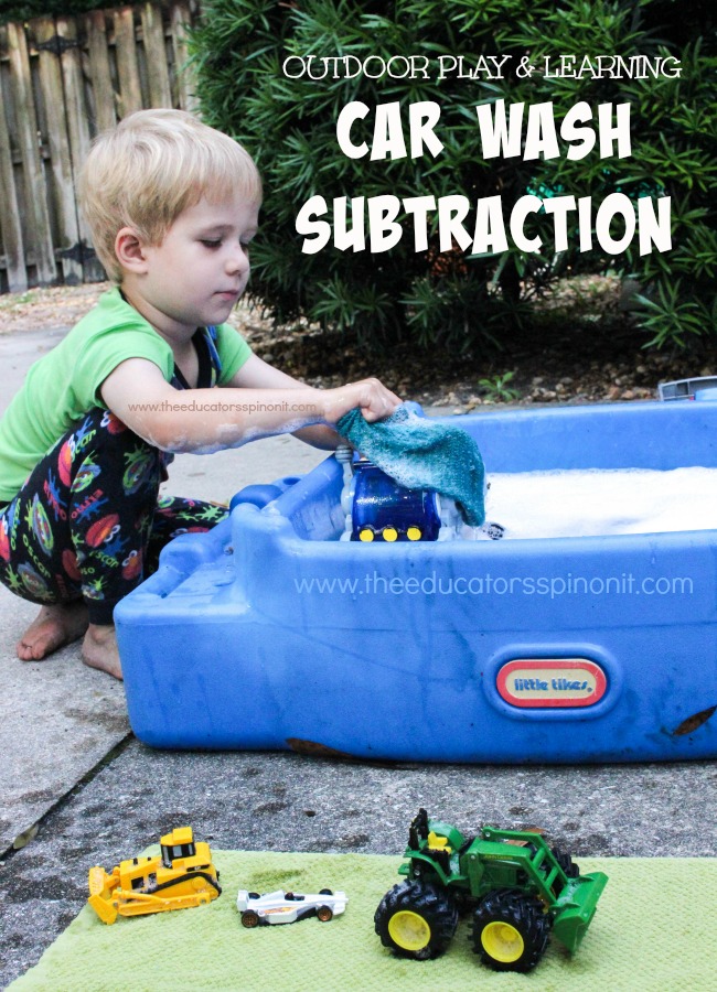 Outdoor Car Play and Learning Car Wash Subtraction 1 - The Educators' Spin On It Car Wash Subtraction: Child having fun washing cars and learning math outdoors