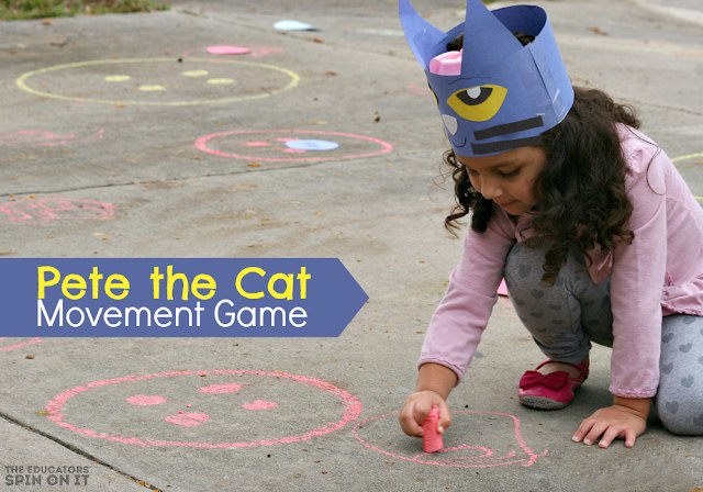 Pete the Cat Movement Game from The Educators' Spin On It (1) - The Educators' Spin On It Pete the Cat Movement Game with girl using sidewalk chalk to draw buttons.