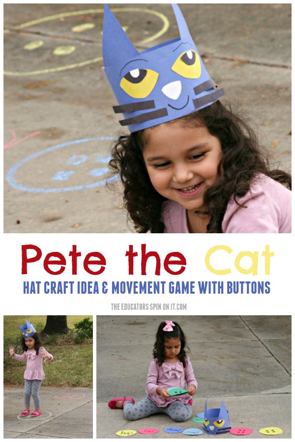 Pete the Cat Movement Game with Hat Craft Idea - The Educators' Spin On It Child Playing Pete the Cat Movement Game with Sidewalk Chalk and Pete the Cat Hat Craft Idea using Construction Paper