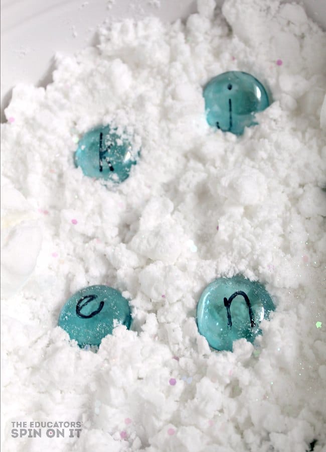 Pretend Snow Themed Sensory Bin with Alphabet Activity - The Educators' Spin On It Pretend Snow Themed Sensory Bin with Alphabet Activity