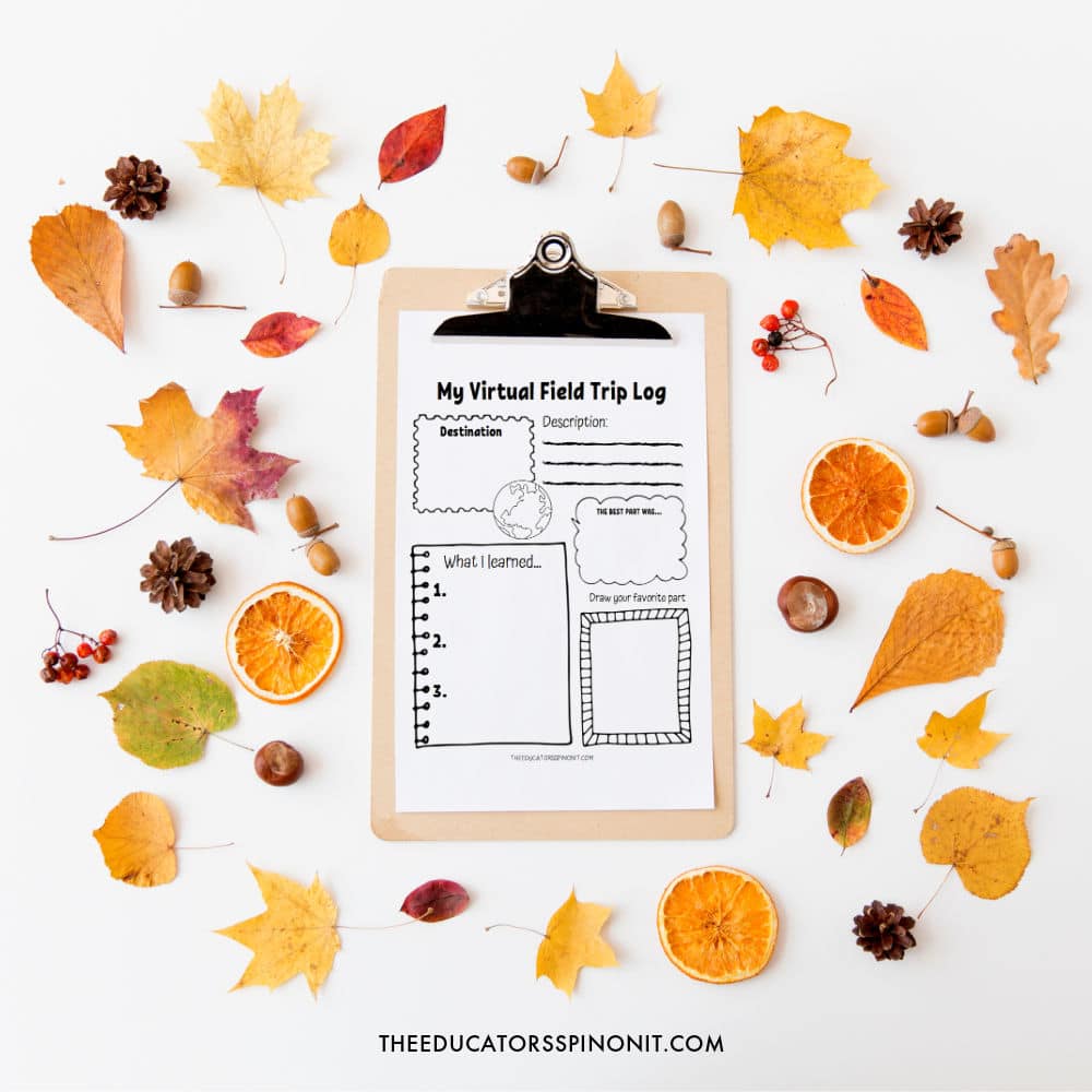 printable-fall-virtual-field-trip-log - The Educators' Spin On It Printable fall virtual field trip log on clipboard with leaves, acorns and pinecones.