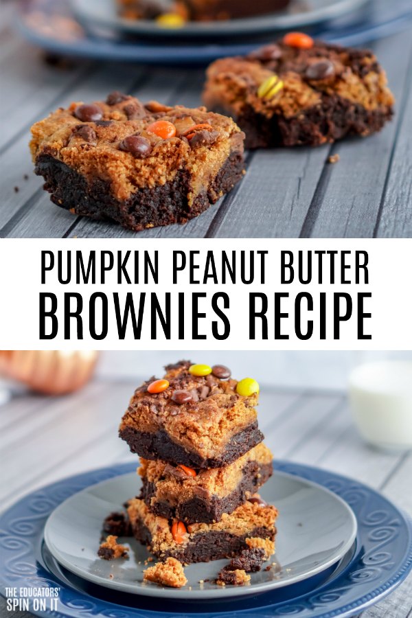 pumpkin-peanut-butter-brownies-recipe - The Educators' Spin On It Pumpkin Peanut Butter Brownies with Candy Topping of Orange, Yellow and Brown.