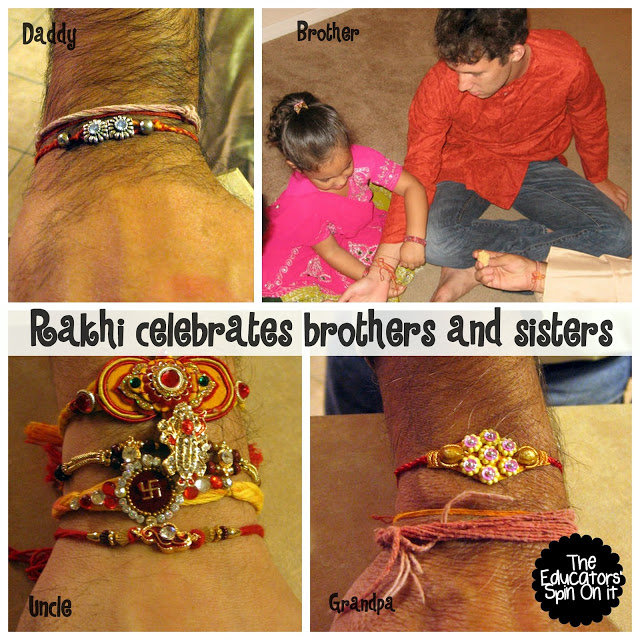 Sister tying on rakhi bracelet on brother for Raksha Bandhand.