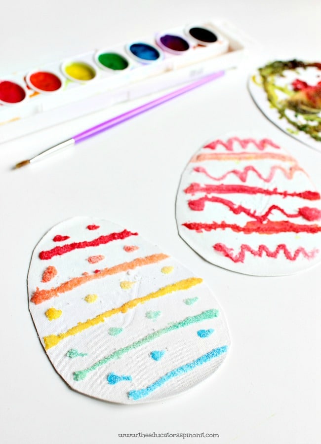 salt-and-paint-egg-art - The Educators' Spin On It Salt Painting Patterned Eggs - Process Art for Kids to explore colors and patterns, an Easter Math Learning Station.
