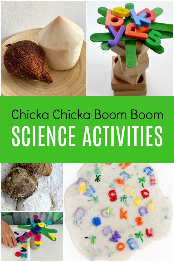 science-activities-chicka-chicka-boom-boom - The Educators' Spin On It variety of science activities with coconuts, alphabet slime and pretend trees