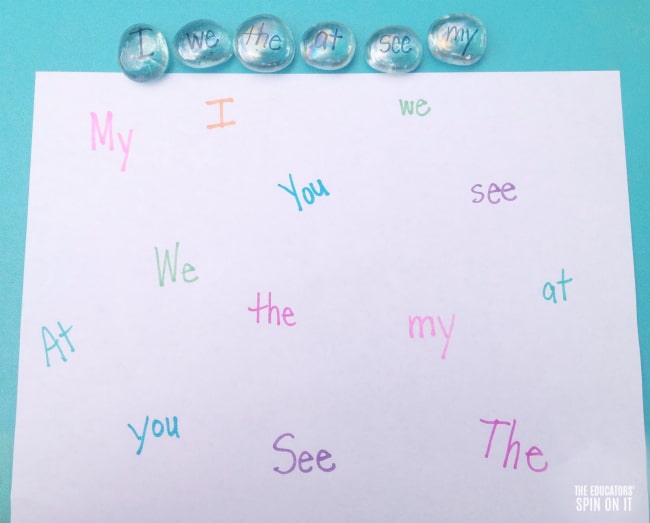 sight-word-game-with-gems - The Educators' Spin On It Glass gems with sight words written on them to create a matching game on paper for beginning readers.