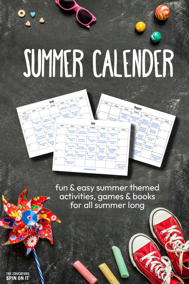 summer-calendar-for-kids 1 - The Educators' Spin On It Summer Calendar for Kids. Explore fun and easy summer themed activities for June, July and August.