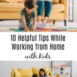 Child playing with parents in working on laptop on sofa