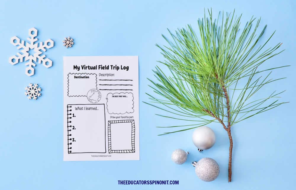 Mockup white greeting card with pine branches and balls on a blue background - The Educators' Spin On It Virtual Field Trip Log for Winter with Kids.