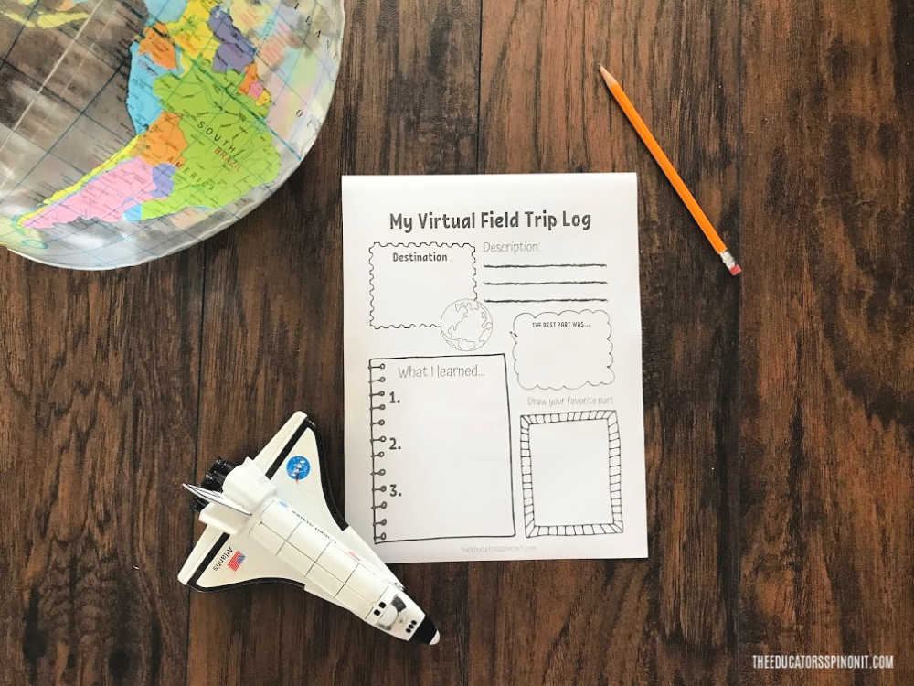 virtual-field-trip-log - The Educators' Spin On It Virtual Field Trip Log Printable on wood floor with pencil, space shuttle and globe