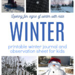 Winter journal for kids featuring ways to look for signs of winter sampled in images like icicles, snowflakes, snowman and more