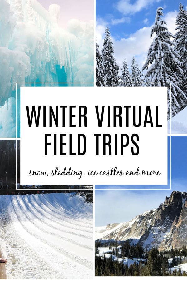 winter-virtual-field-trips-for-kids (1) - The Educators' Spin On It Winter scenes of snow covered mountain, sledding, ice castles and evergreen trees for winter virtual field trip for Kids